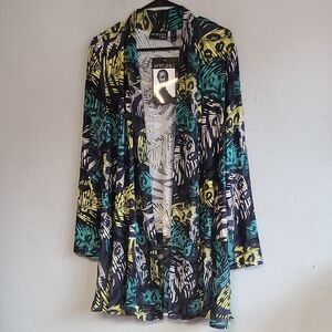 NEW women's large open front cardigan dark blue palm floral flowy Attitudes